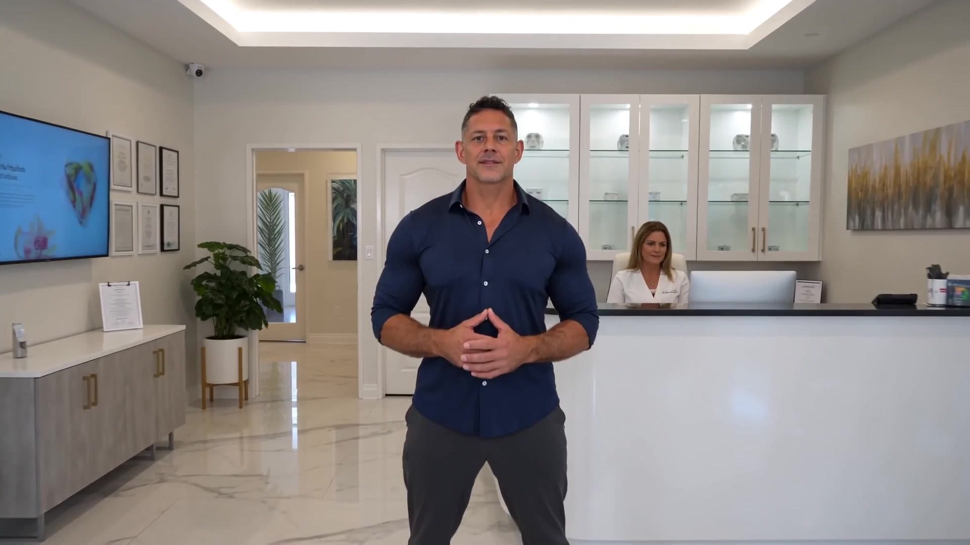 Mike Brown — founder of Holistic SEO, at the front desk of a modern wellness clinic