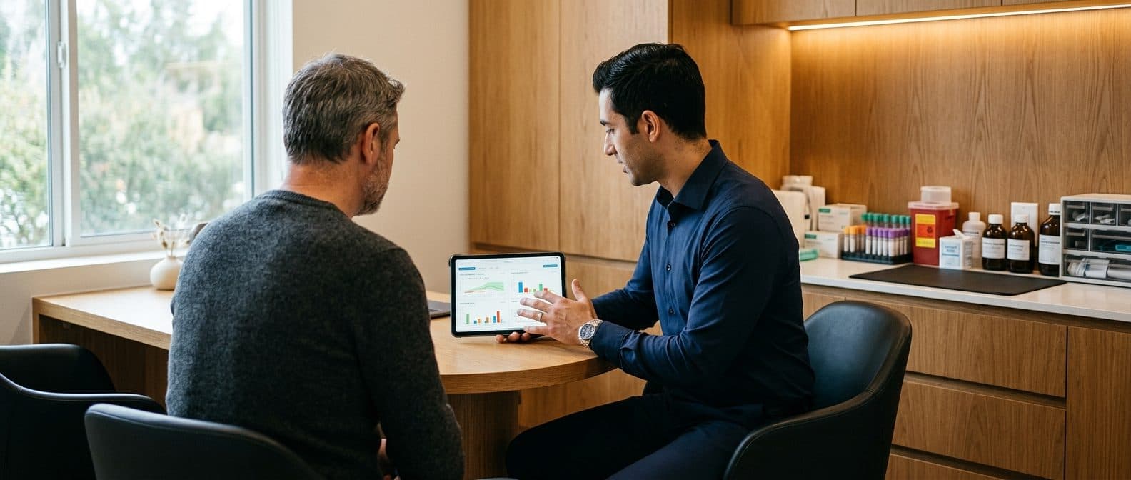 Physician reviewing lab results with a patient in a hormone optimization clinic