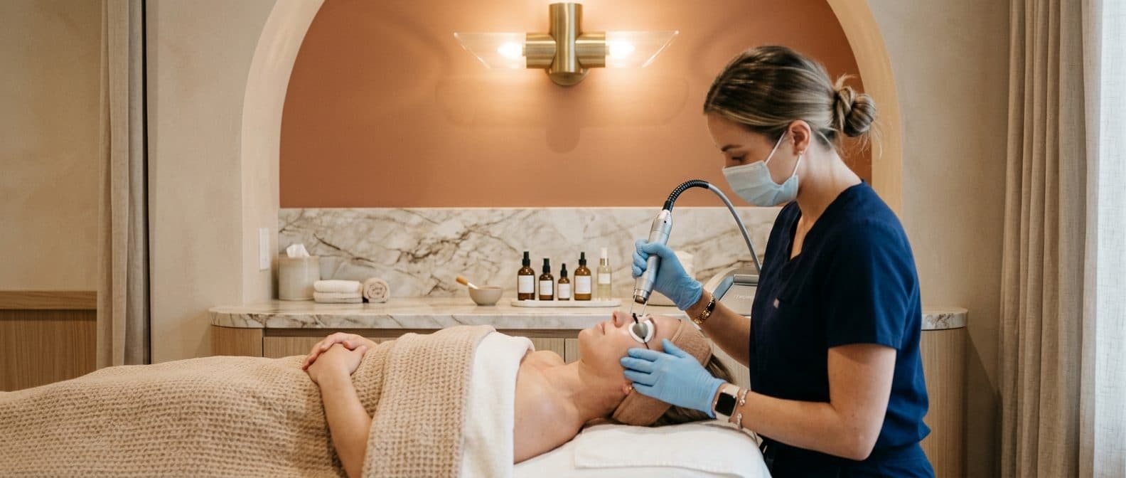 Aesthetician performing a laser facial treatment in a med spa