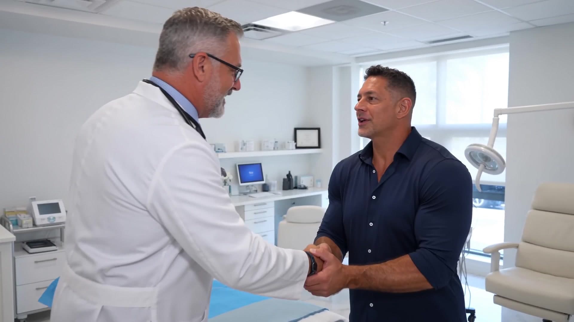 Mike Brown shaking hands with a physician inside a modern wellness clinic treatment room