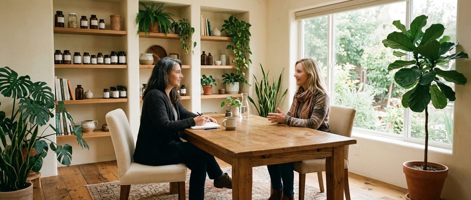 Consultation room inside a functional medicine clinic with natural light and a provider's desk