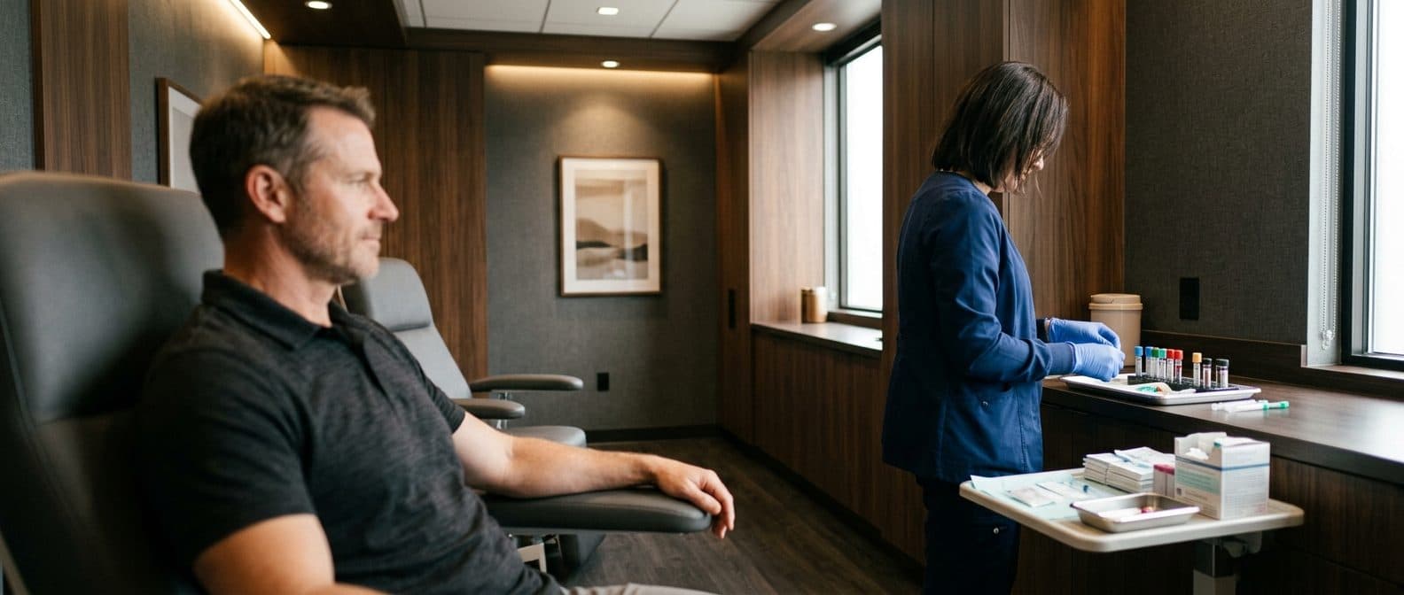 Exam room inside a TRT and men's health clinic prepared for a testosterone therapy consultation